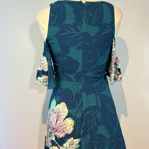 Maeve Anthropologie Elia Floral Print Cold Open Shoulder Dress Size 8 Teal Blue - Picture 6 of 10